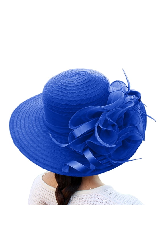 Women's Straw Style Sun Hat, Floppy Wide Brim Hat with Sheer Mesh Ribbon Flower, Foldable Wedding Church Garden Party Hat, Spring Summer Beach Hat - Blue