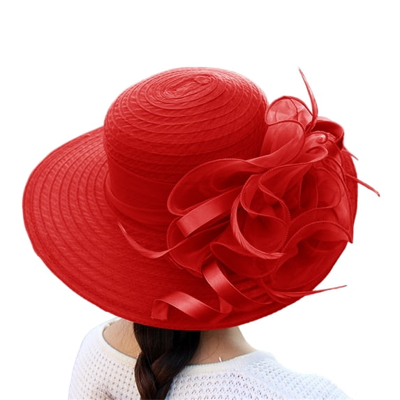 Women's Straw Style Sun Hat, Floppy Wide Brim Hat with Sheer Mesh Ribbon Flower, Foldable Wedding Church Garden Party Hat, Spring Summer Beach Hat - Red