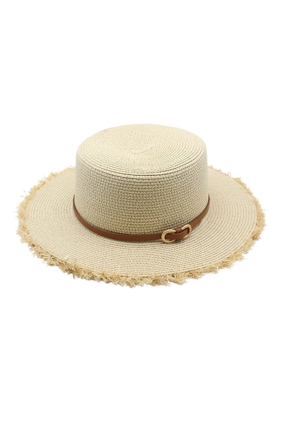 Women’s Straw Sun Hat Flat Top With Leather Buckle Band And Frayed Brim Wide Brim Casual Travel Hat