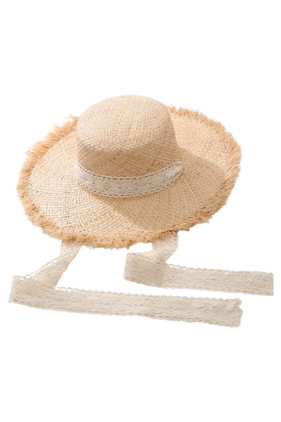 Women’s Straw Sun Hat Frayed Brim With Lace Trim And Ribbon Tie Wide Brim Sun Protection Beach Hat