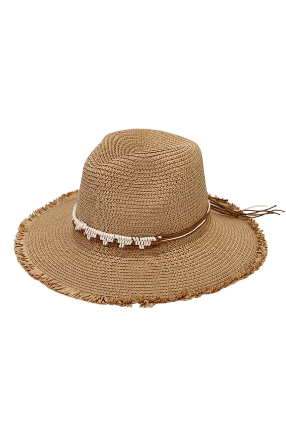 Women’s Straw Sun Hat Frayed Brim With Macrame Band Wide Brim Sun Protection Travel Hat