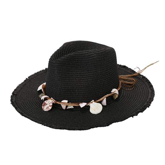 Women’s Straw Sun Hat Frayed Brim With Shell Band Bohemian Style Beach Outdoor Hat