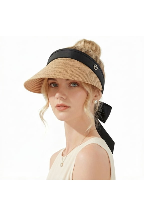 Women’s Straw Sun Visor Hat, Wide Brim Ponytail Beach Hat, Foldable Floppy Summer Hat