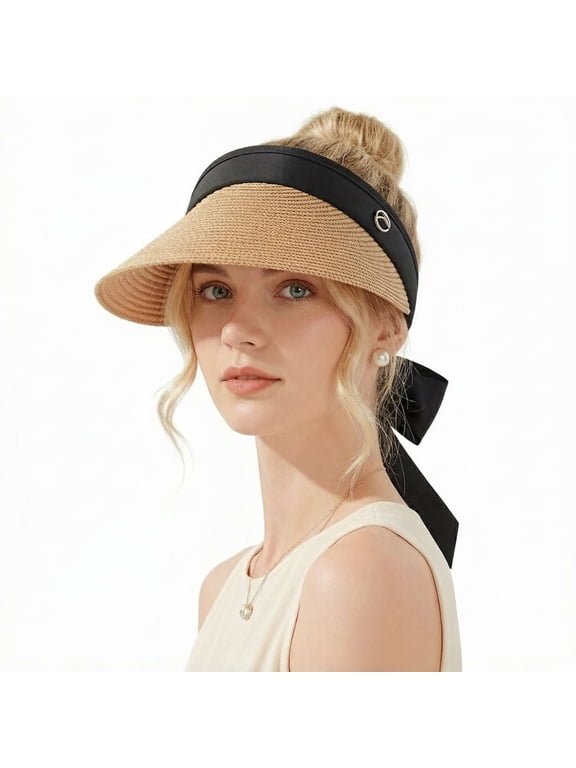 Women’s Straw Sun Visor Hat, Wide Brim Ponytail Beach Hat, Foldable Floppy Summer Hat