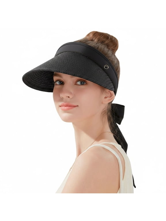 Women’s Straw Sun Visor Hat, Wide Brim Ponytail Beach Hat, Foldable Floppy Summer Hat