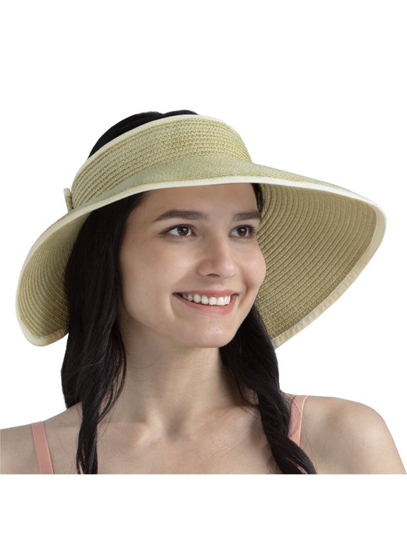 Womens Straw Sun Visor Hat, Wide Brim UV Protection, Roll-Up Foldable Ponytail Visor for Beach & Summer - Khaki