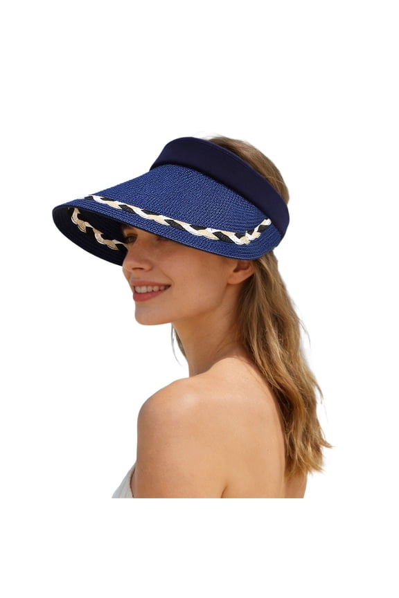 Women’s Straw Sun Visor Woven Stripe With Headband Wide Brim Sun Protection Travel Hat
