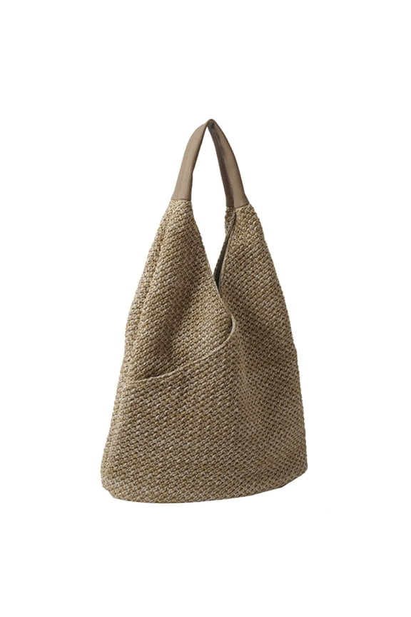 Women's Straw Woven Bag, Boho Chic Summer Tote for Beach Vacation, Handcrafted Straw Shoulder Bag with Vegan Leather, Handbag Gift for Her