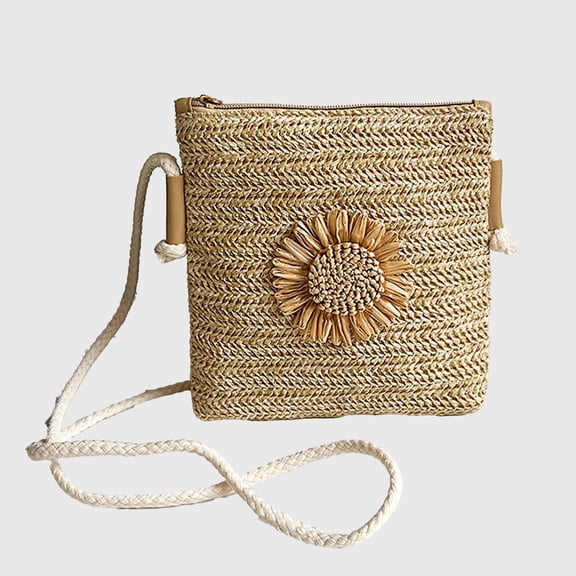 Women’s Straw Woven Crossbody Bag with Sunflower Accent - Brown