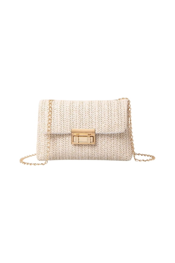 Women's Straw Woven Shoulder Bag, Stylish Double-Lock Crossbody Bags with Chain Strap Summer Beach Purse Vacation Bags