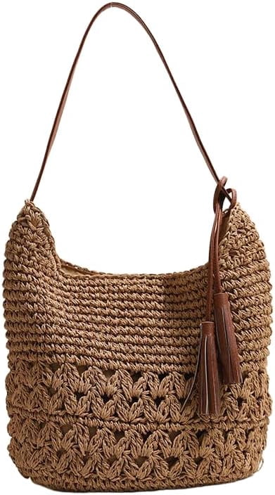 Women's Straw Woven Tote Bags Boho Handmade Crochet Wicker Hobo Shoulder Purse Summer Beach Travel Vacation Handbags