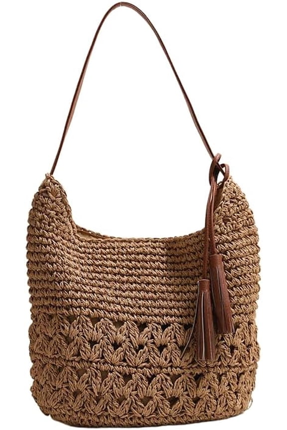 Women's Straw Woven Tote Bags Boho Handmade Crochet Wicker Hobo Shoulder Purse Summer Beach Travel Vacation Handbags