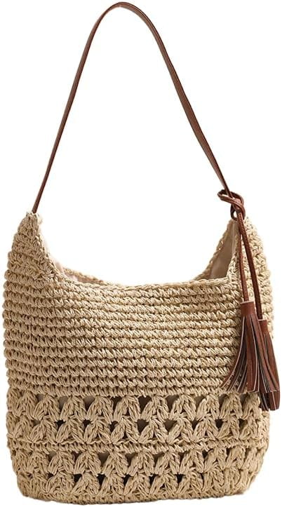 Women's Straw Woven Tote Bags Boho Handmade Crochet Wicker Hobo Shoulder Purse Summer Beach Travel Vacation Handbags