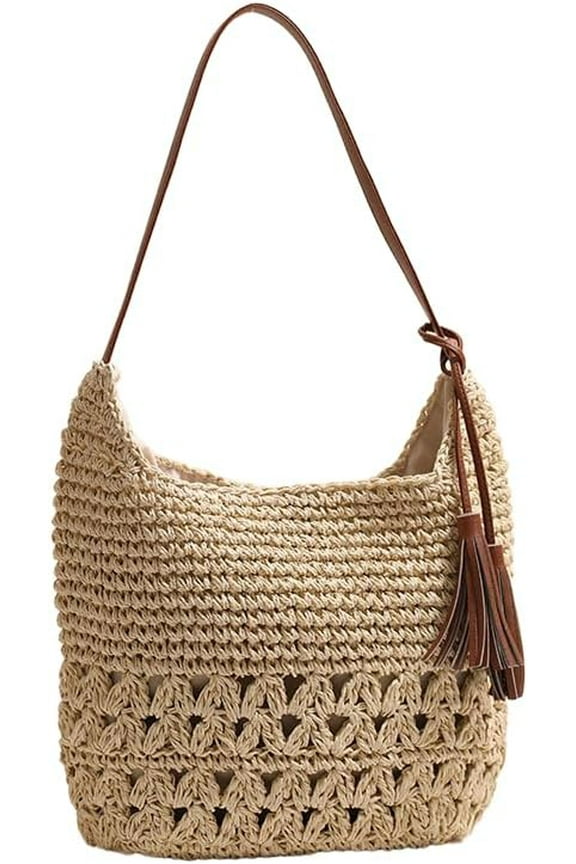 Women's Straw Woven Tote Bags Boho Handmade Crochet Wicker Hobo Shoulder Purse Summer Beach Travel Vacation Handbags