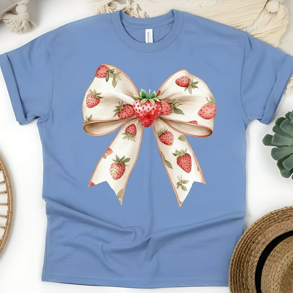 Women’s Strawberry Bow T-Shirt, Cute Vintage Style Fruit Ribbon Graphic Tee, CarolinaBlue, Size 3XL