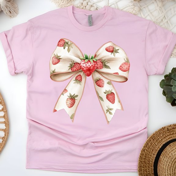 Women’s Strawberry Bow T-Shirt, Cute Vintage Style Fruit Ribbon Graphic Tee, Light Pink, Size L