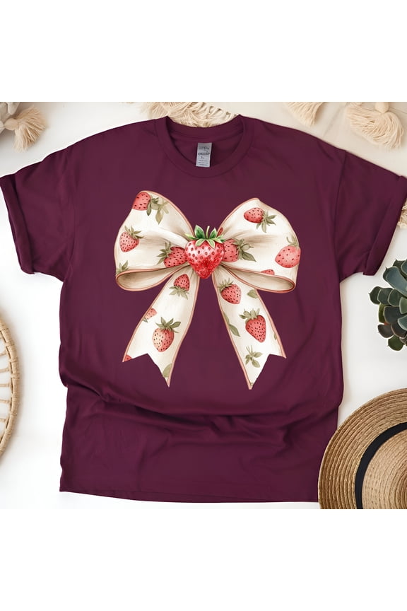 Women’s Strawberry Bow T-Shirt, Cute Vintage Style Fruit Ribbon Graphic Tee, Maroon, Size S