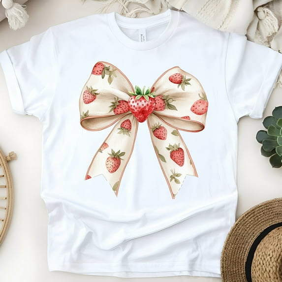 Women’s Strawberry Bow T-Shirt, Cute Vintage Style Fruit Ribbon Graphic Tee, White, Size S