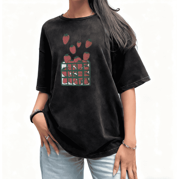 Women's Strawberry Box Printed Cotton Washed Round-neck T Shirt Black S-2XL Plus Size