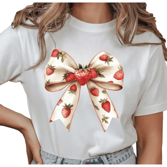 Women's Strawberry Center Bow Graphic Coquette Elegant Comfortable T Shirt Short Sleeve Round Neck Top White S-5XL