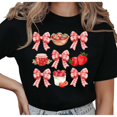 thumbnail image 1 of Women's Strawberry & Gingham Bow Collage Graphic Coquette Cottagecore Casual T Shirt Short Sleeve Round Neck Top Black S-5XL, 1 of 5
