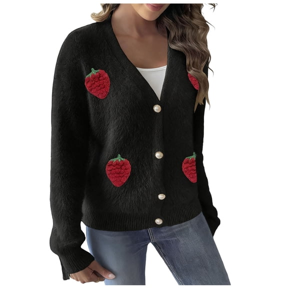 Women's Strawberry Graphic Sweater Cardigans Cute Printed Button down Long Sleeve V Neck Cardigan Tops (L, Black)