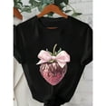 thumbnail image 1 of Women's Strawberry Graphic Tee, Casual T-Shirt with Bow Print, Round Neck Short Sleeve Top, Crew neck，Cute，cotton，black，S-5XL, 1 of 5
