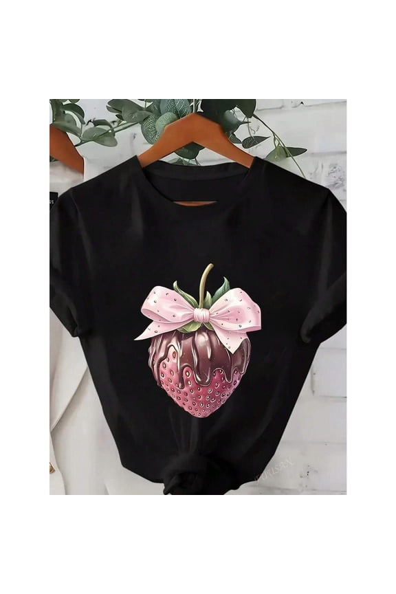 Women's Strawberry Graphic Tee, Casual T-Shirt with Bow Print, Round Neck Short Sleeve Top, Crew neck，Cute，cotton，black，S-5XL