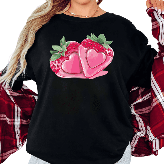 Women's Strawberry Heart Graphic Sweet Romantic Casual Comfortable T Shirt Short Sleeve Round Neck Top Black S-5XL