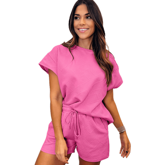 Women's Strawberry Pink Solid Textured Drawstring Shorts Set