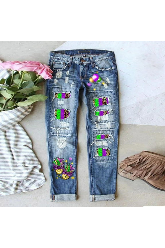 Women's Street Print Jeans, Distressed Straight Leg Denim Pants with Graphic Design, Y2K Inspired Jeans for Halloween Party, Festival, Casual Wear and Daily Outfits-Blue