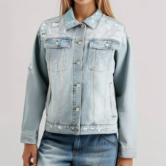 Women's Street Style Light Blue Washed Denim Jacket Floor Length Denim Jacket Womens Fashion Jacket Fall Corduroy Coat Women Womens Lightweight Jacket Long Jean Jacket for Women Jackets for