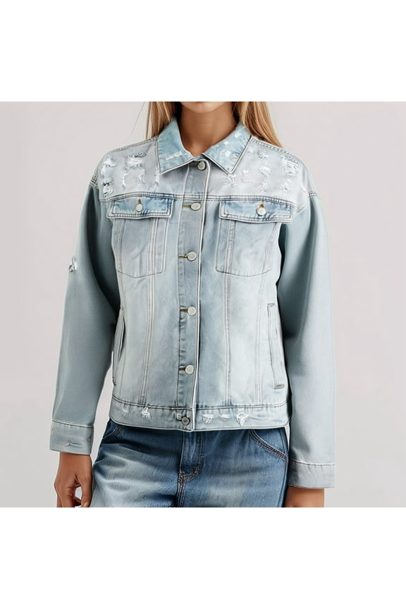 Women's Street Style Light Blue Washed Denim Jacket Floor Length Denim Jacket Womens Fashion Jacket Fall Corduroy Coat Women Womens Lightweight Jacket Long Jean Jacket for Women Jackets for