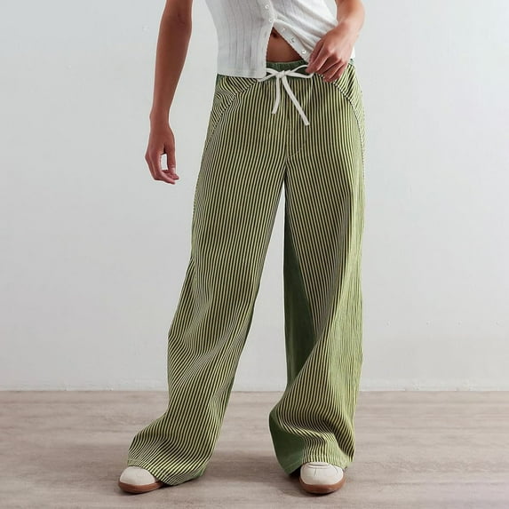 Women's Street Style Striped Wide Leg Jeans, Color Blocked Casual Loose Fit Straight Leg Denim Pants with Comfortable Stretch Fabric for Daily Wear, Entertainment and Fashion Outfits Green L