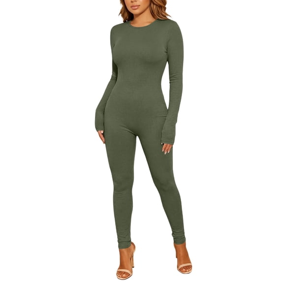 Women's Streetwear Solid High Waist Slim Fit Jumpsuit Sleek Waist One Piece Bodysuit for Modern Casual Green S
