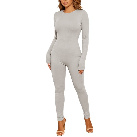 Women's Streetwear Solid High Waist Slim Fit Jumpsuit Sleek Waist One Piece Bodysuit for Modern Casual Grey M