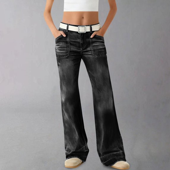 Women's Streetwear Trendy Loose Fit Slimming Washed Flare Jeans, Patchwork Denim Pants, Comfortable Baggy Retro Jeans for Casual Wear, Vintage Inspired Wide Leg Trousers for Women Black