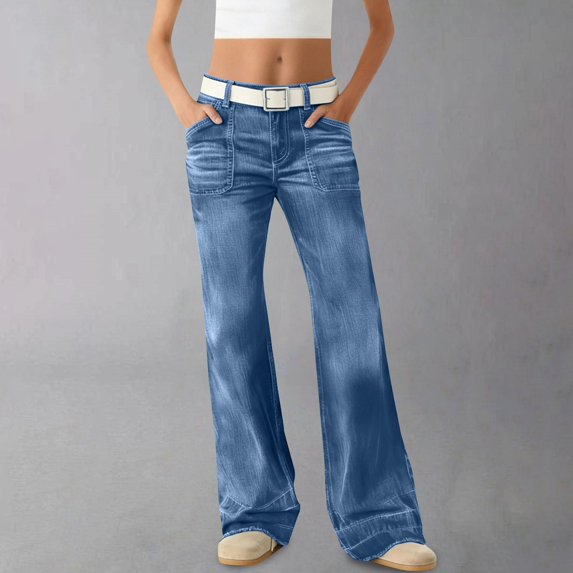 Women's Streetwear Trendy Loose Fit Slimming Washed Flare Jeans, Patchwork Denim Pants, Comfortable Baggy Retro Jeans for Casual Wear, Vintage Inspired Wide Leg Trousers for Women Blue