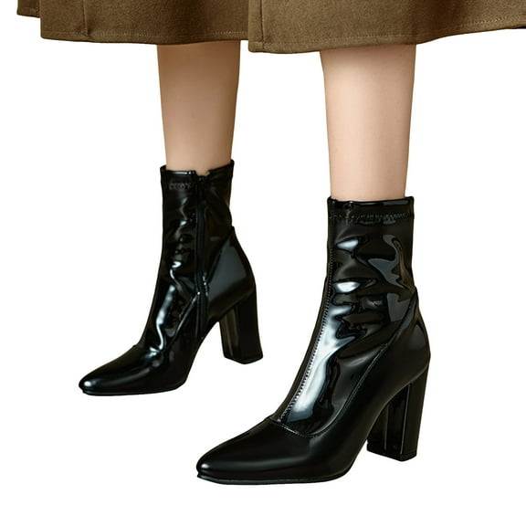 Women's Strentchy Leather Ankle Boots Chunky High Heel Slip On Mid Calf Booties Casual Pointed Toe Dress Shoes Black Size 8