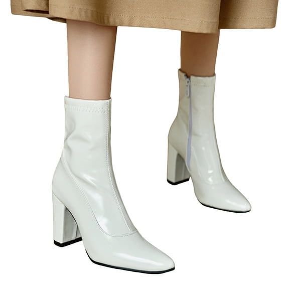 Women's Strentchy Leather Ankle Boots Chunky High Heel Slip On Mid Calf Booties Casual Pointed Toe Dress Shoes White Size 9