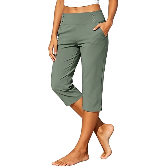 Women's Stretch Capri Pants with Button Detail – Comfortable Yoga & Workwear Style Cropped Trousers for Spring & Summer – High Waist Solid Color Pants with Pockets