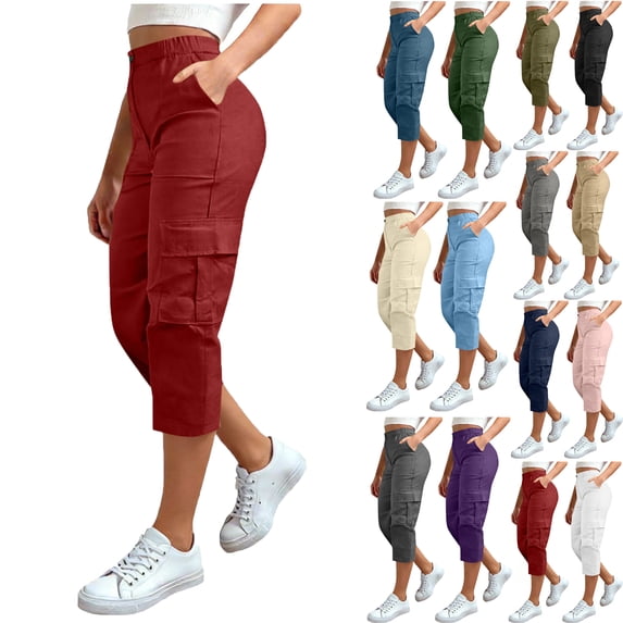 Women's Stretch Cargo Capris pants Front and Side Pockets Casual Cropped Pants