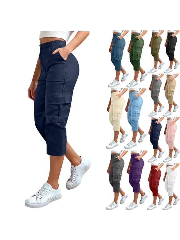 Women's Stretch Cargo Capris pants Front and Side Pockets Casual Cropped Pants