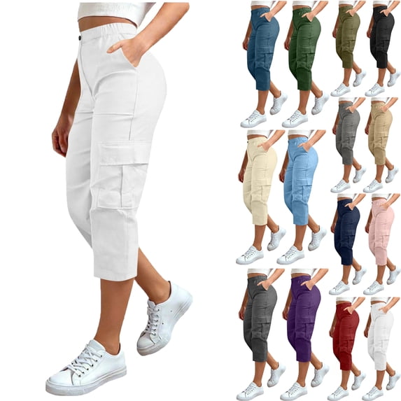 Women's Stretch Cargo Capris pants Front and Side Pockets Casual Cropped Pants