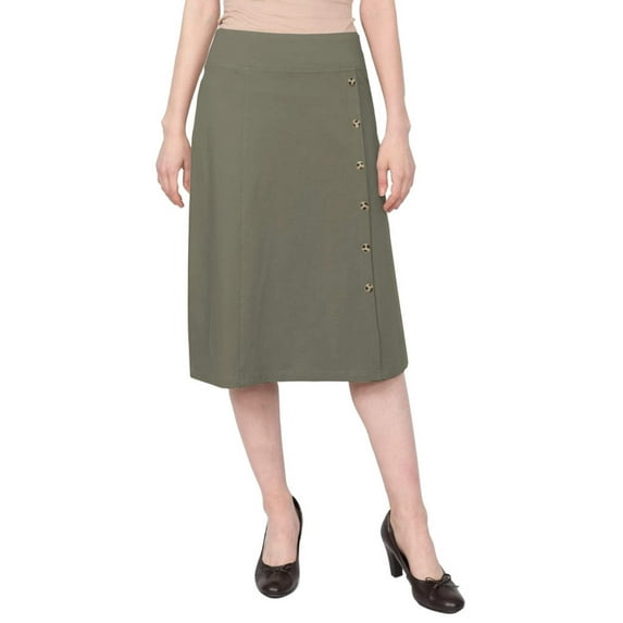 Women's Stretch Cotton Knit Faux Button Front Below the Knee A-Line Skirt