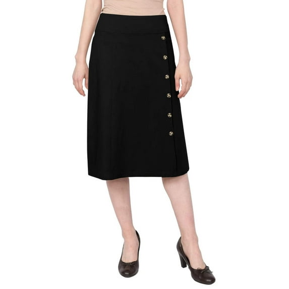 Women's Stretch Cotton Knit Faux Button Front Below the Knee A-Line Skirt
