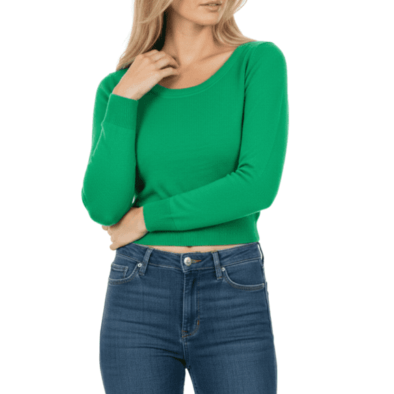 Women's Stretch Crop Top Pullover Sweater - Long Sleeve Slim Bodycon Crewneck Basic Casual Pullover Solid Cropped Knit Top MK3637-BGR-L