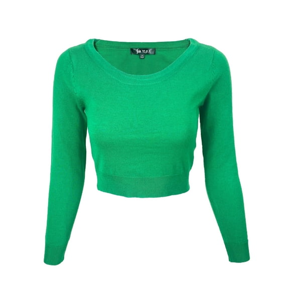 Women's Stretch Crop Top Pullover Sweater - Long Sleeve Slim Bodycon Crewneck Basic Casual Pullover Solid Cropped Knit Top MK3637-BGR-L