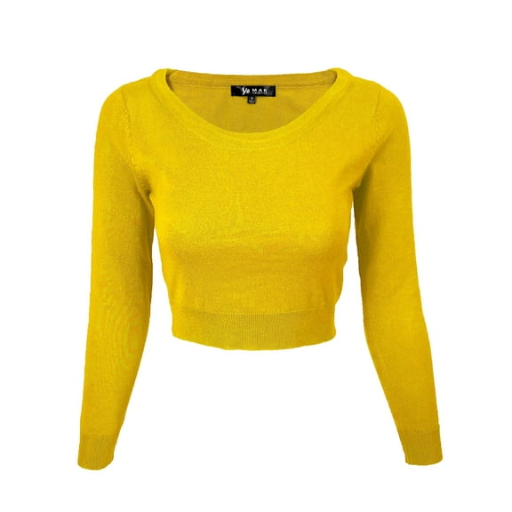 Women's Stretch Crop Top Pullover Sweater - Long Sleeve Slim Bodycon Crewneck Basic Casual Pullover Solid Cropped Knit Top MK3637-HON-S