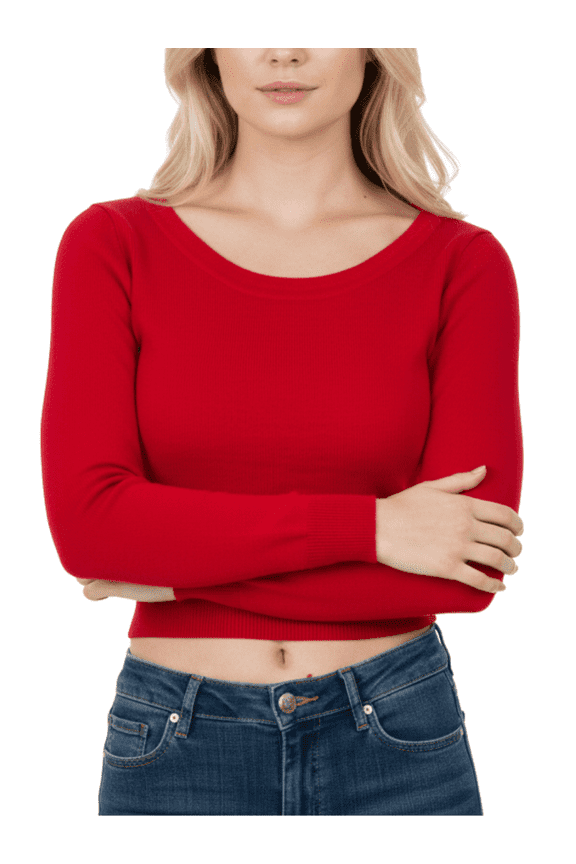 Women's Stretch Crop Top Pullover Sweater - Long Sleeve Slim Bodycon Crewneck Basic Casual Pullover Solid Cropped Knit Top MK3637-RED-S